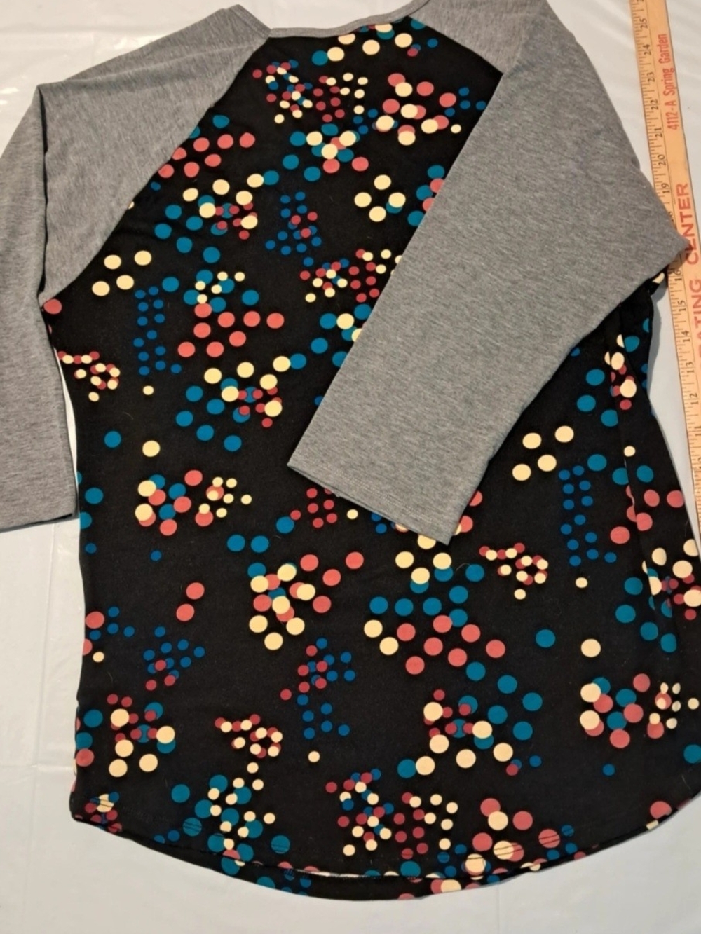 LuLaRoe Long-Sleeve Raglan Top in Black with Gray, Blue, Pink, Yellow Dots
